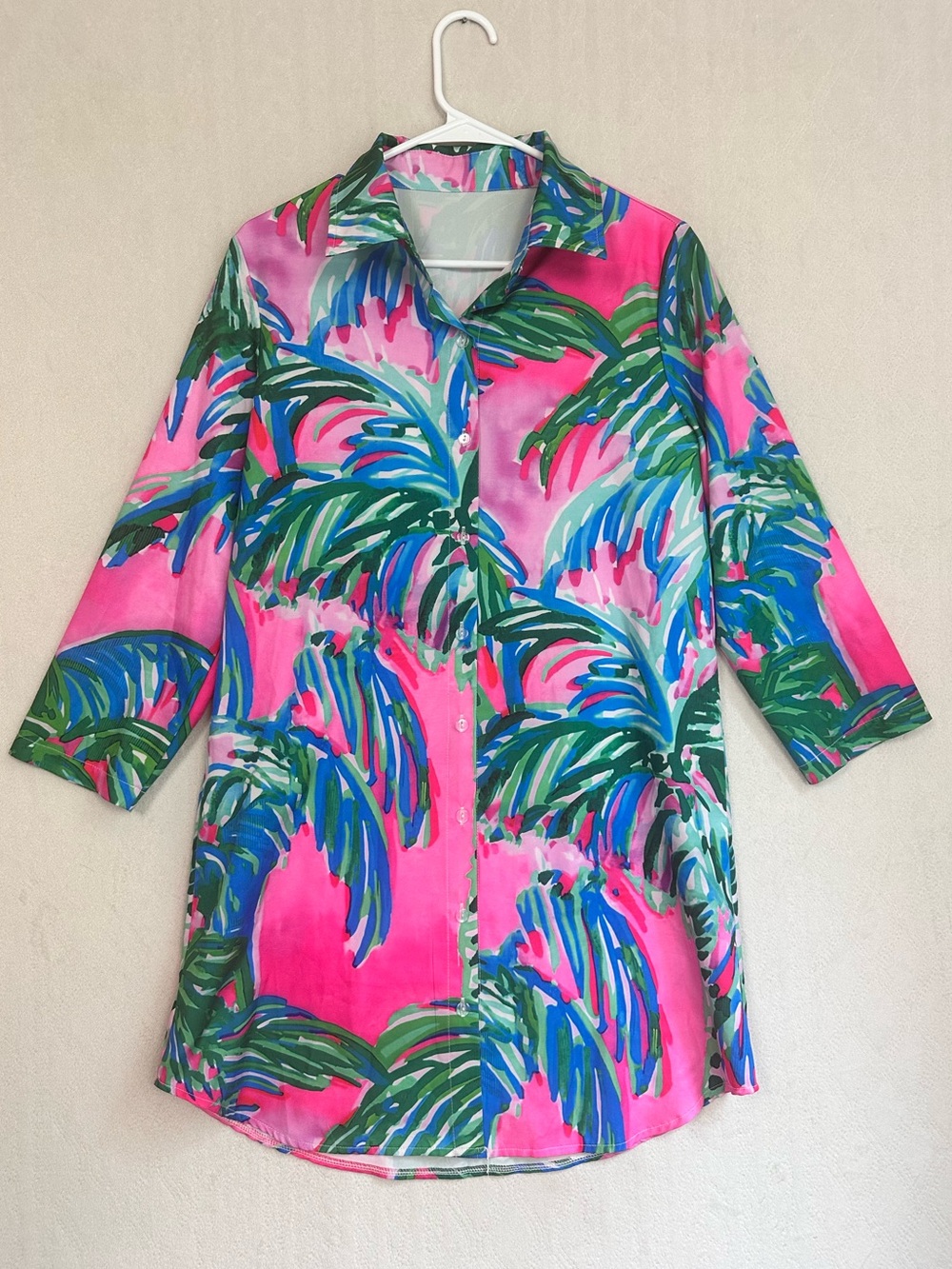 Vibrant Pink Tropical Button-Up Shirt Dress Sz M